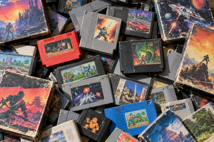 A pile of retro game cartridges