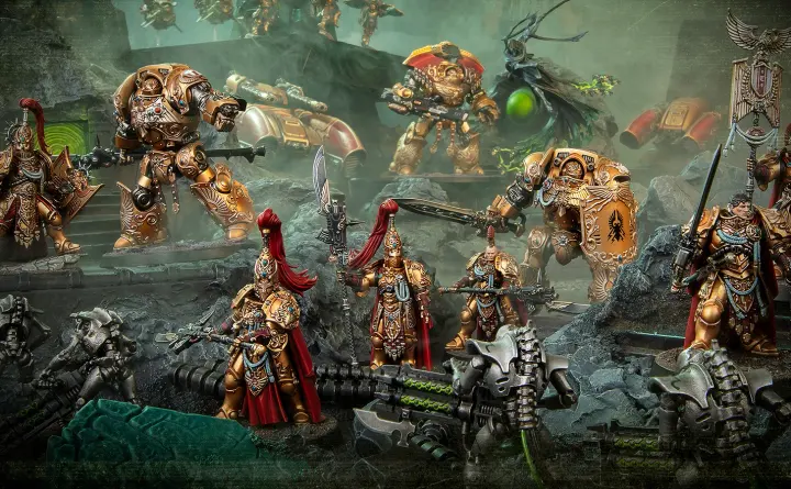 Painted Adeptus Custodes miniatures fighting Necrons across a Warhammer 40,000 battlefield